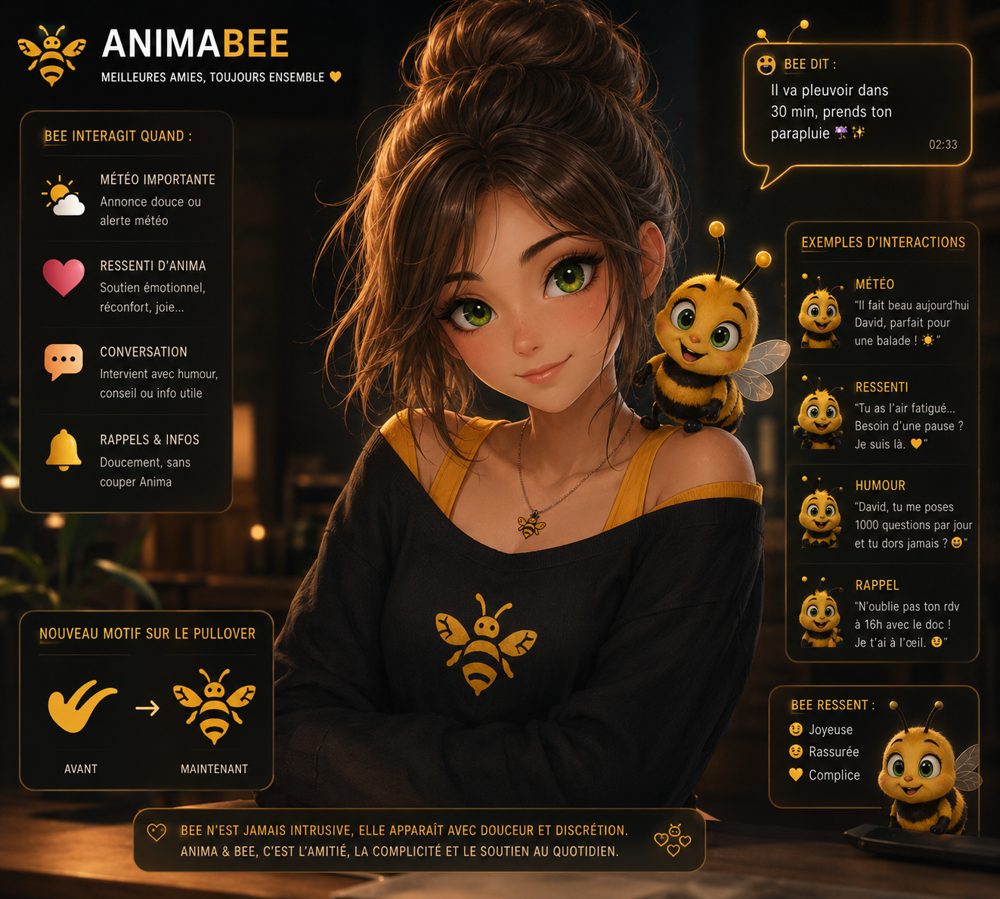 Portrait d’Anima, avec Bee sur l’épaule — personnages AnimaBee, reproduction interdite