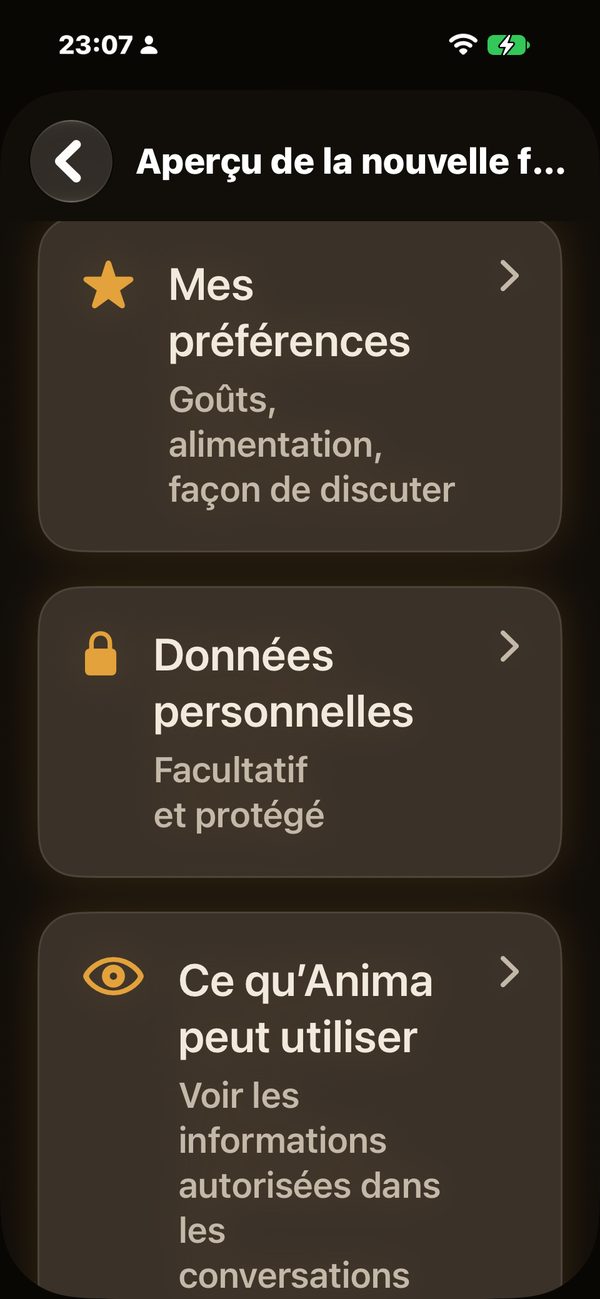Anima sur iPhone : préférences, données personnelles facultatives et protégées