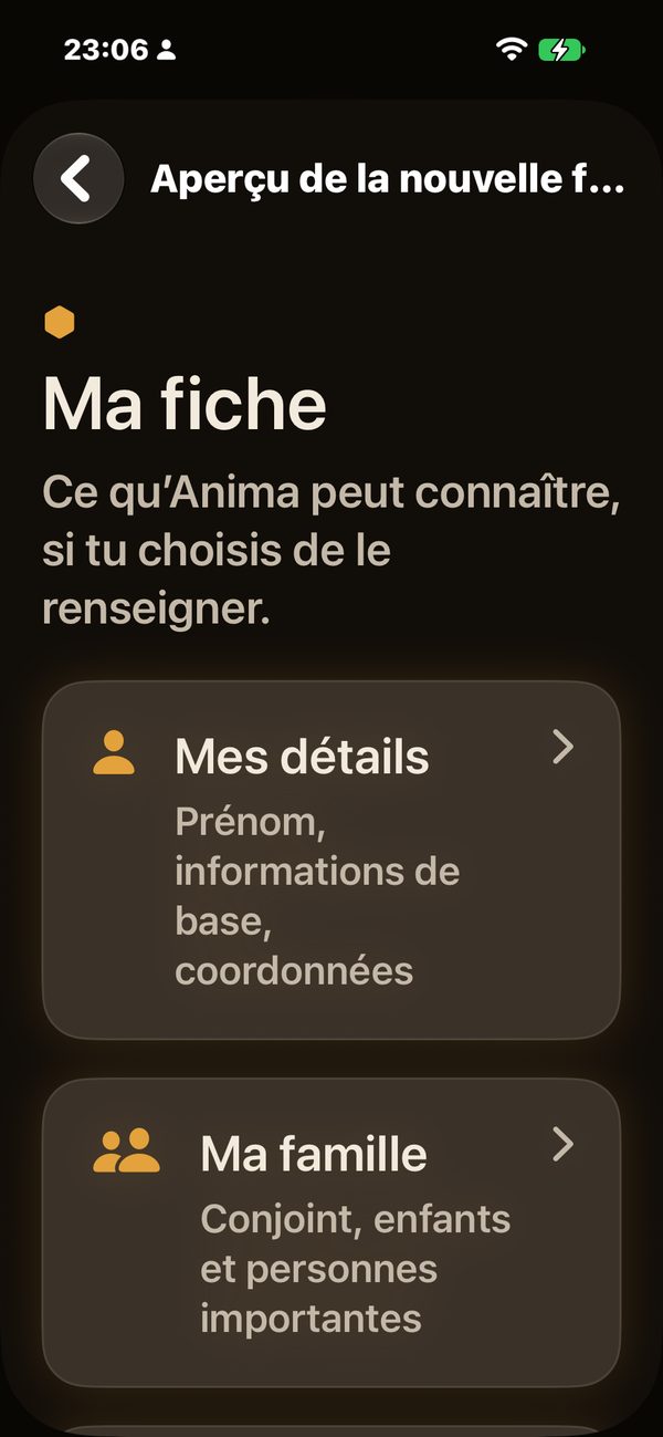 Anima sur iPhone : Ma fiche, ce qu’Anima peut connaître si vous choisissez de le renseigner