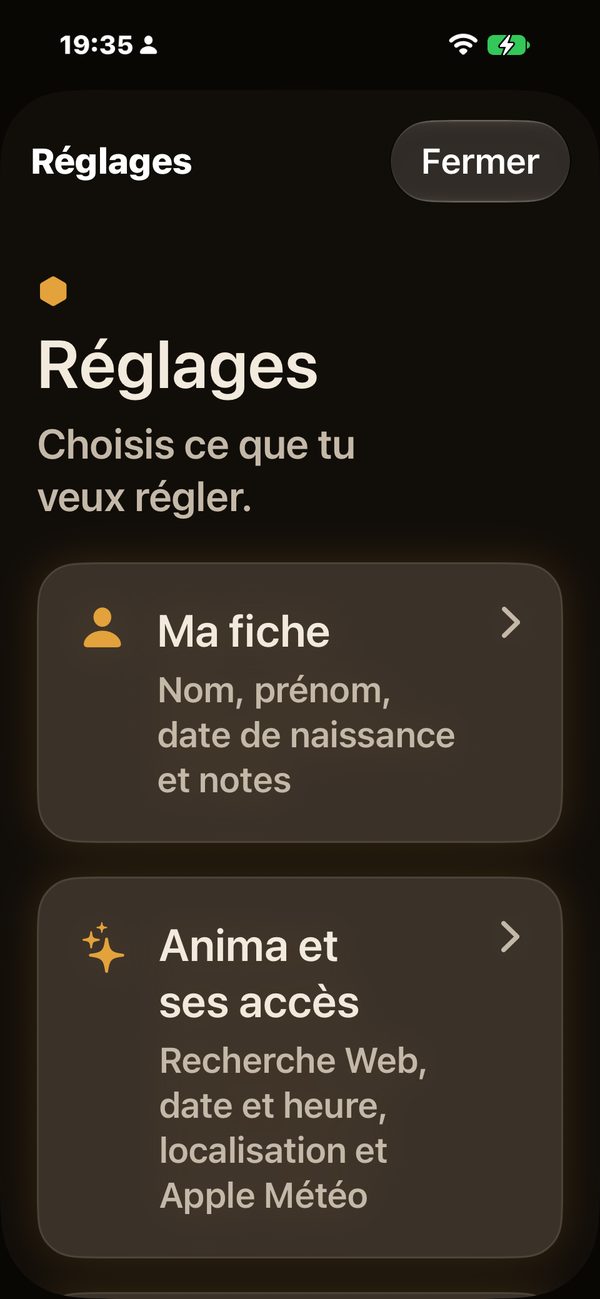 Anima sur iPhone : réglages, Ma fiche et les accès d’Anima